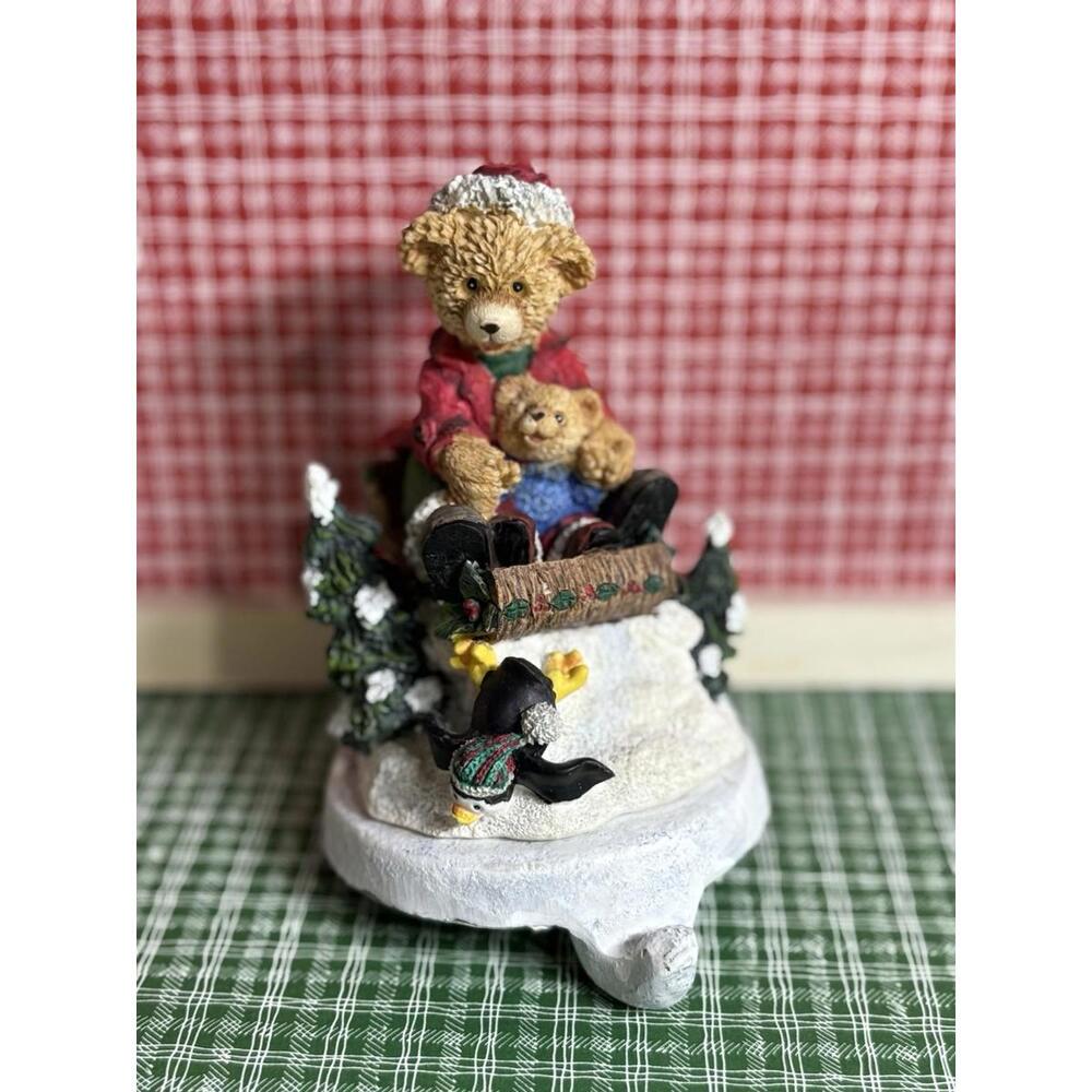 Vintage Christmas Teddy Bear Stocking Holder Mantel Heavy Sledding Penguin Pin